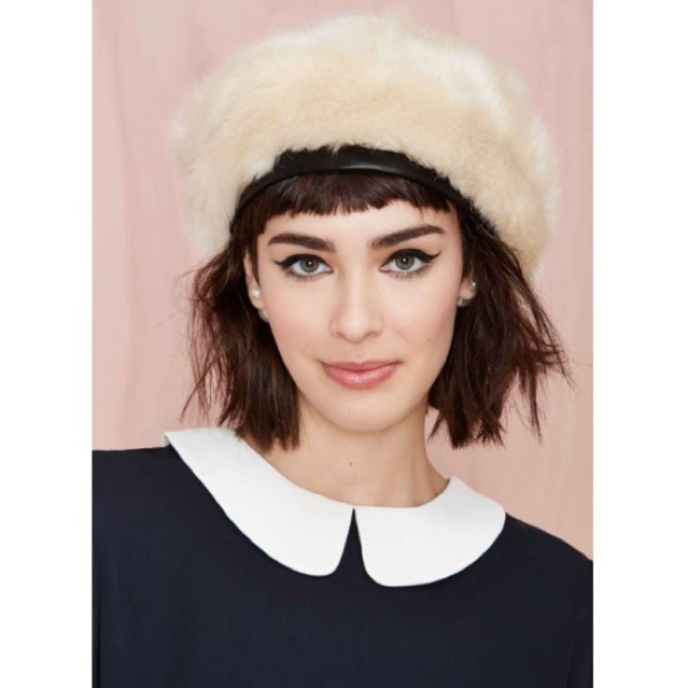 Eugenia Kim Cream Faux Fur Beret with Black Trim